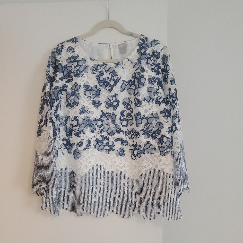 Chico's Blue Embellished Ruffled 3/4 Sleeve Blouse